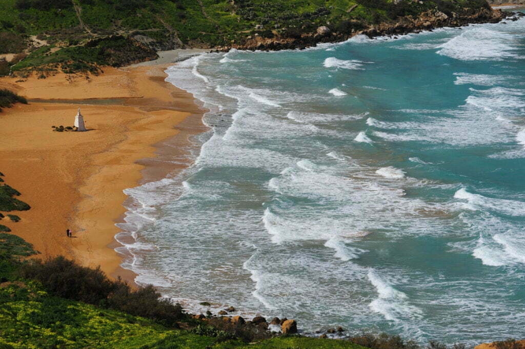Ramla Bay on Gozo with red sand and the sea