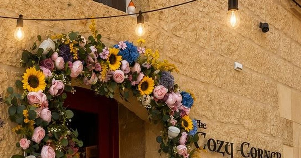 Website des Cozy Corner Art Café — blumenumrankte rote Tür in Xewkija, Gozo
