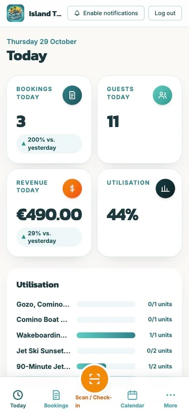 Operations-App von Island Thrills auf dem iPhone: Heute-Ansicht mit Kennzahlen und dem orangen Knopf Scan / Check-in in der unteren Leiste