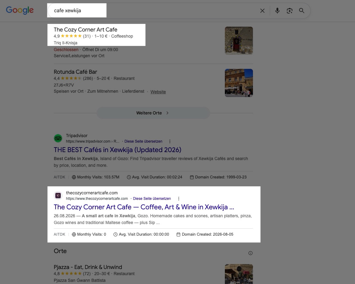 Google search results for "cafe xewkija" showing The Cozy Corner Art Café in the local pack and thecozycornerartcafe.com in the organic results