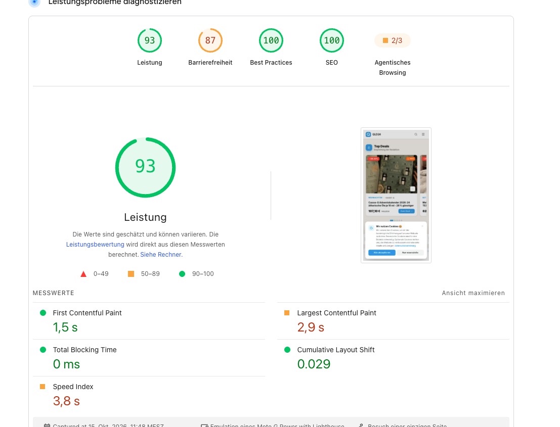PageSpeed-Insights-Mobilbericht für qld24.de: Leistung 93, Barrierefreiheit 87, Best Practices 100, SEO 100
